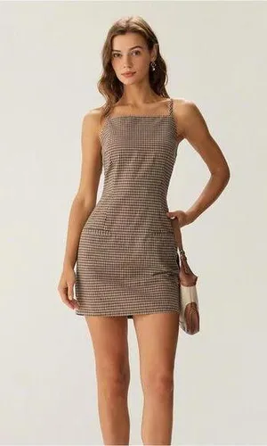 RIHOAS Brown Plaid Slip Mini Dress thumbnail 1