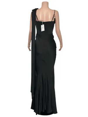 LEAU Celine Corset Drape Satin Gown, Black,Small thumbnail 6