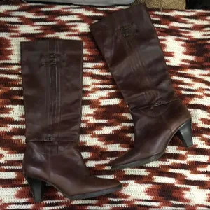 Frye Brown Leather Tall Knee High Buckles Harness Western Boho Cowgirl Boots Goth #Equestrian #Medieval #Whimsygoth #cottagecore Sz 9M Measurement in pics thumbnail 1