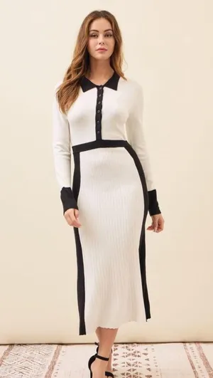 Knit Colorblock Pleated Midi Dress Black Size L thumbnail 2