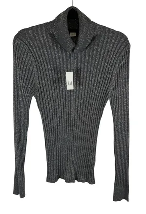 Gap Womens Metallic Ribbed Turtleneck Sweater Gray Silver Shimmer Long Sleeve‎ M thumbnail 1