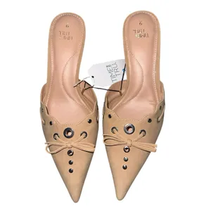 Premium faux suede pointed toe bow scalloped edge Studded Kitten Heel Mules sz 9 thumbnail 6