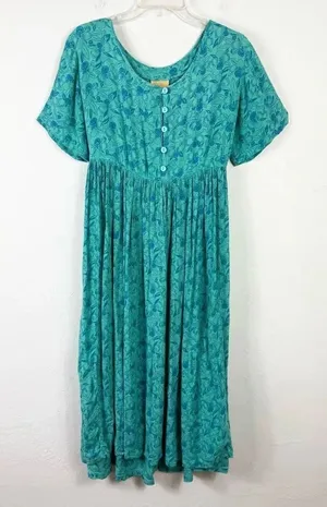 Vintage Done Down Under Aqua Teal Floral Button Front Tie Back Midi Dress Size S thumbnail 1