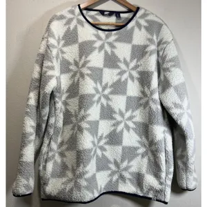 Lands’ End Women LARGE White Gray Sherpa Fleece Pullover Sweatshirt Holiday thumbnail 1