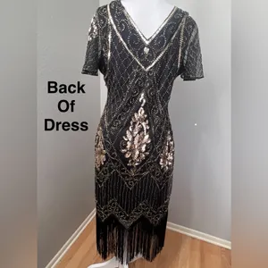 #10 Vintage-Inspired Black Beaded Flapper Dress with Fringe-Large/Size 14 thumbnail 4