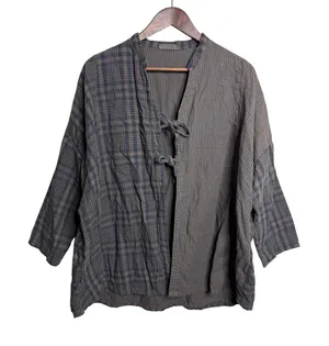 CP Shades x Free People Mixed Plaid Pinstripe Cotton Tie Front Jacket size S thumbnail 1