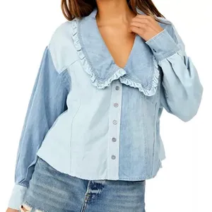 FREE PEOPLE Daisy Denim Ruffle Collar Button Down Shirt Top Size Large NWT thumbnail 4