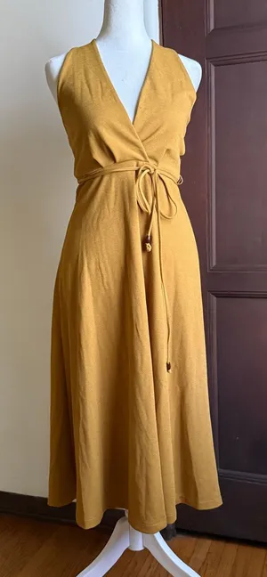 ZARA | Mustard Yellow Stretch Crepe Knit Halter Tie Waist Midi Dress Small BNWT thumbnail 1