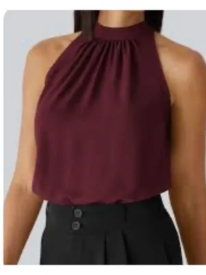 Halara M Burgundy High-Neck Sleeveless Halter Top Blouse With Keyhole Back Size thumbnail 2