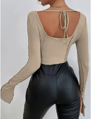 Tie Back Lettuce Trim Crop Top Tan thumbnail 2