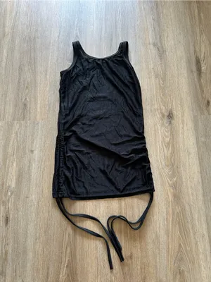 Black mesh tank top with white ornate cross graphic and adjustable tie ruching thumbnail 2