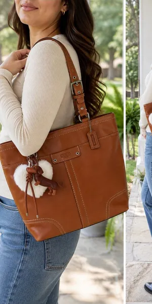 Coach Hamilton F13089 Burnished Leather Tote Cognac Brown Bag Dog Charm thumbnail 1
