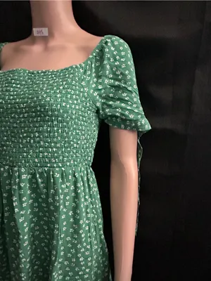 American Eagle Green & White Floral Smocked Square-Neck Mini Dress MD thumbnail 3