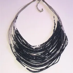 Elegant Black Seed Bead Beaded Boho Multi Strand Statement Necklace thumbnail 1