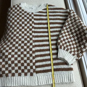 NWOT Blu Pepper Cream & Brown Checkerboard & Striped Sweater Sz S Puffed Sleeve thumbnail 11