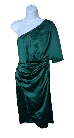 Cupshe‎ Emerald Green Satin One Shoulder Ruched Cocktail Dress Medium NWT thumbnail 1