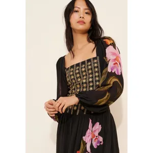 FARM Rio Embroidered Goddess Orchid Floral Long Sleeve Midi Dress Black Small thumbnail 4