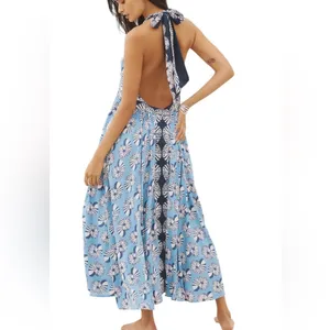 By Anthropologie XS Halter Cutout Midi Dress Maxi Blue Seashells Print. J-13 thumbnail 2