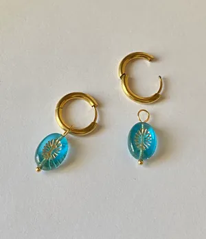 Handmade retro vintage chic whimsical style quality Czech glass beads 2WAY hoop dangle earrings🩵 thumbnail 7