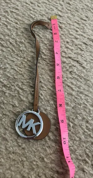 10" MICHAEL KORS 1 5/8" MK silver TONE BAG CHARM w/ BROWN LEATHER thumbnail 1