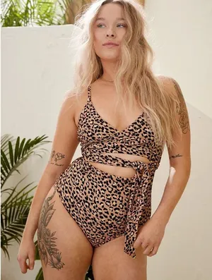 Aerie Leopard Print Wrap One Piece Swimsuit Tan Black Cutout Tie Waist L Long thumbnail 1