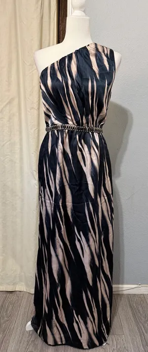 Marciano Los Angeles One Shoulder Maxi Dress Size S Navy Champagne Grecian‎ Slit thumbnail 1