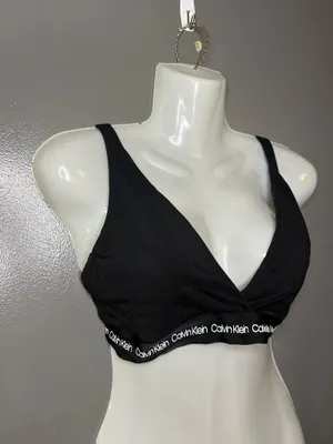 Calvin Klein Bralette Bra Womens Large Black Cotton Wireless Logo V Neck Stretch thumbnail 3