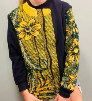Tapestry blanket sweater Custom reworked floral navy tapestry sweater size large thumbnail 6