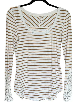 Sz M Free People Cotton Tuscaloosa Hard Candy Striped Crochet Cuff Long Sleeve thumbnail 1