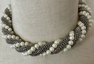 Silver tone and faux pearl mesh twisted choker necklace thumbnail 1