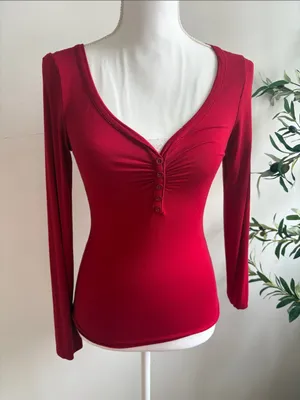 Amazon Long Sleeve Henley V-Neck Top - Red thumbnail 1