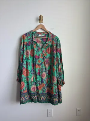 Natural Life Dara V-Neck Mini Dress Green Floral Boho Large thumbnail 4