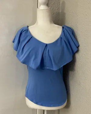 Free People Off Shoulder Blue Ruffle Neckline M Boho Coquette Girl Balletcore thumbnail 1