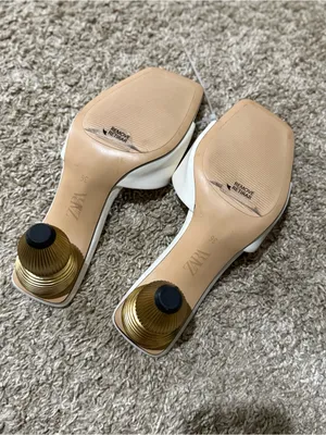 Zara White Women's Open-Toe Heeled Sandals with Sculpted Gold Heel thumbnail 4