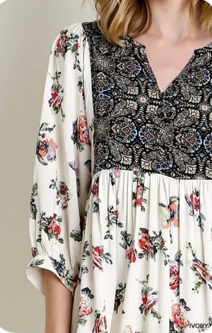 Umgee Floral Paisley Boho Tunic Dress‎ Womens Small Ivory Floral Paisley Peasant thumbnail 1