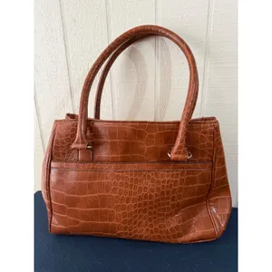 Anne Klein Cognac Brown Croc Embossed Faux Leather Satchel Handbag Gold Hardware thumbnail 6