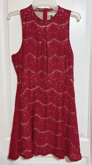 Burgundy Lace Fit & Flare Dress Sleeveless Cocktail Wedding Guest Women’s large thumbnail 1