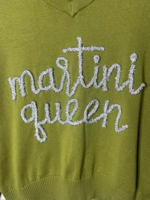 Queen of Sparkles Olive Martini Queen V Neck Sequin Elbow Patches Sweater thumbnail 4