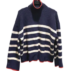 Zara Striped Mock Neck Sweater Womens Small Navy Blue Red Trim‎ Nautical Ribbed thumbnail 2