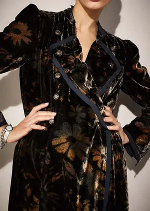 Free People Hazel Duster Velvet Coat Floral Print Black Gold Brown Lined XL H thumbnail 4