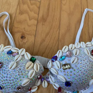 Custom Rhinestone Shell‎ Mermaid Calvin Klein Bra Festival Beachwear sz 34C thumbnail 2