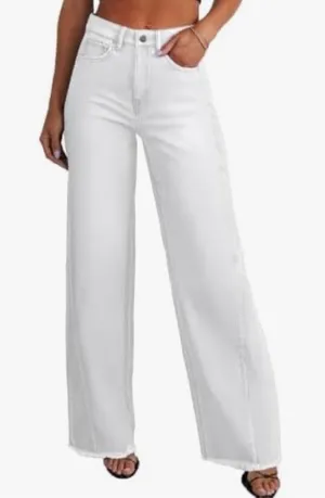 Sidefeel Women White Wide Leg Jeans High Waist Stretchy Raw Hem Denim Pants Sz 6 thumbnail 1