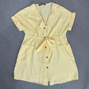 Zara Button Front Tie Waist Shirt Dress‎ Yellow XS Cap Sleeve thumbnail 14