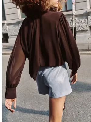 Zara NWT draped High-Neck Long-Sleeve mesh Blouse top Brown thumbnail 8