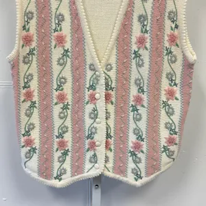 Lucia Vintage Floral Embroidered Crochet Knit Button Vest Sweater Large Pearls thumbnail 4