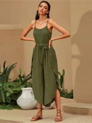 Olive Green High Slit Jumpsuit Spaghetti Strap Belted Wide Leg Boho Women M NWT thumbnail 4