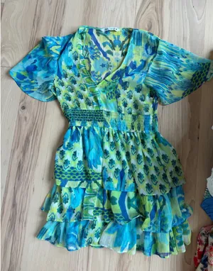 Zara Blue-Green Floral V-Neck Mini Dress thumbnail 4