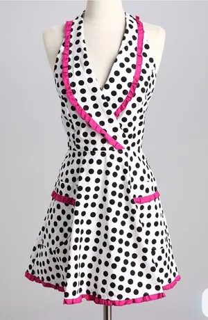 American hoosters brand vintage-style polka dot apron featuring pink. thumbnail 1