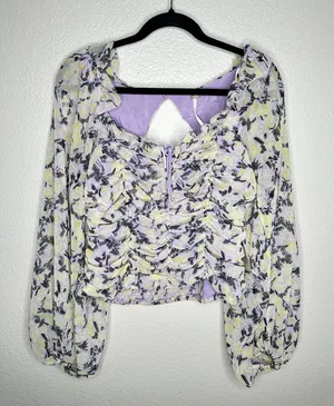 Free People Floral Ruched Blouse Womens Medium Long Sleeve Lace Up Smocked Back thumbnail 1