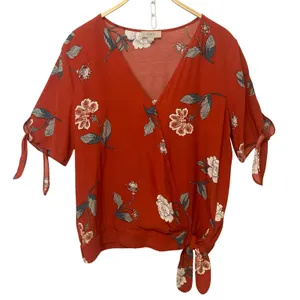 Loft Red Floral Tie Short Sleeves Waist Crossover V-Neck Blouse Top Medium thumbnail 1